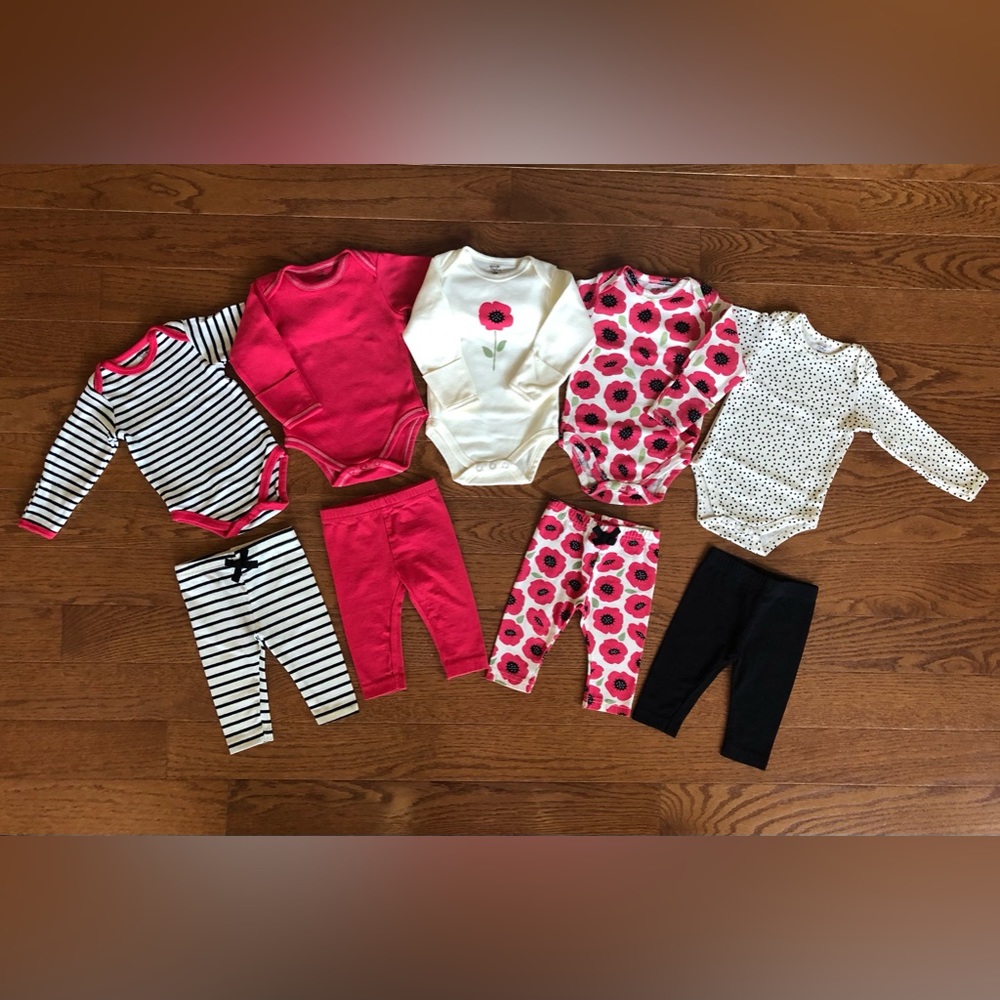 Touched by Nature Bodysuit and Legging Lot- Pink/White/Black- 0-3 months